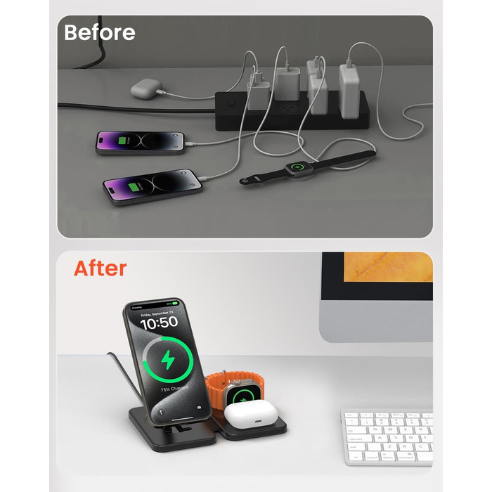 Зарядний пристрій GEEKERA MagSafe 3-в-1: для Apple Watch, iPhone та AirPods (чорний)