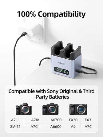 Зарядний пристрій LLANO 20W для акумуляторів Sony NP-FZ100: A7III, A7IV, A6700, FX3, FX30, A9, A7C, A7CII, A7RV, A7RIII, A6600, ZV-E1, ZV-E10II, A1, FX2 – USB-C, LED-дисплей, корпус з алюмінію