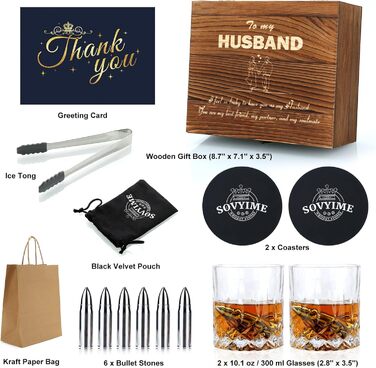 Склянки для віскі з гранітними кубиками льоду, 2 шт., дерев'яна подарункова коробка. Ідеальний подарунок для любителів віскі, чоловіків, на Різдво, День народження, День батька (310 мл). Рельєфні круглі.