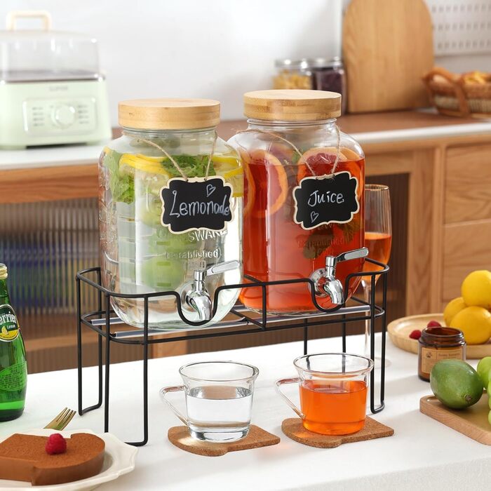 2 x 4-літрові диспенсери для напоїв зі стійкою, скляні диспенсери для напоїв з нержавіючою сталею, для газованої води, лимонаду, домашніх напоїв, вечірок, свят