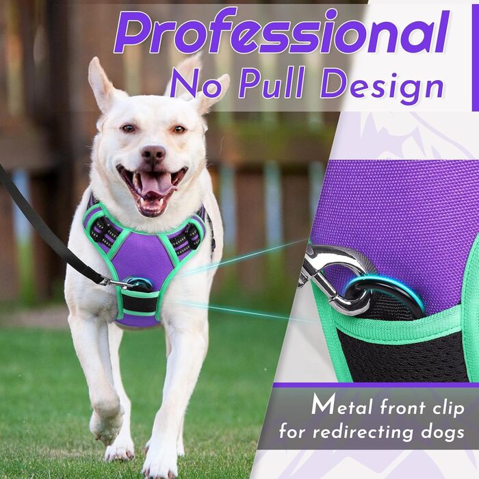 Шлейка для собак великих порід Eagloo, анти-тяга, з відбиваючими смугами, регульована, для Лабрадора, L (1 шт, м'ятно-зелений & фіолетовий)