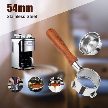 Bottomless Portafilter 54mm Compatible with Sage/Breville Barista Series 870/878/880 and 54mm Sage/Breville Espresso Machines, With 1 Cup Filter Basket, Wooden Handle