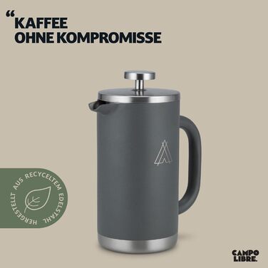 Campo Libre.® Giorgio. French Press Coffee Maker made of double-walled stainless steel 0.6l | plastic-free coffee press with thermal function incl. replacement filter | coffee maker | 100% recycled stainless steel 600ml Deep Grey