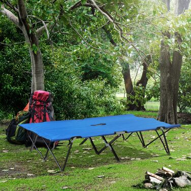 Outsunny Folding Camping Cot for 2 People, Folding Bed with Carry Bag, Up to 136 kg, Steel Oxford Fabric, Blue+Black, 193x125x40cm | Aosom