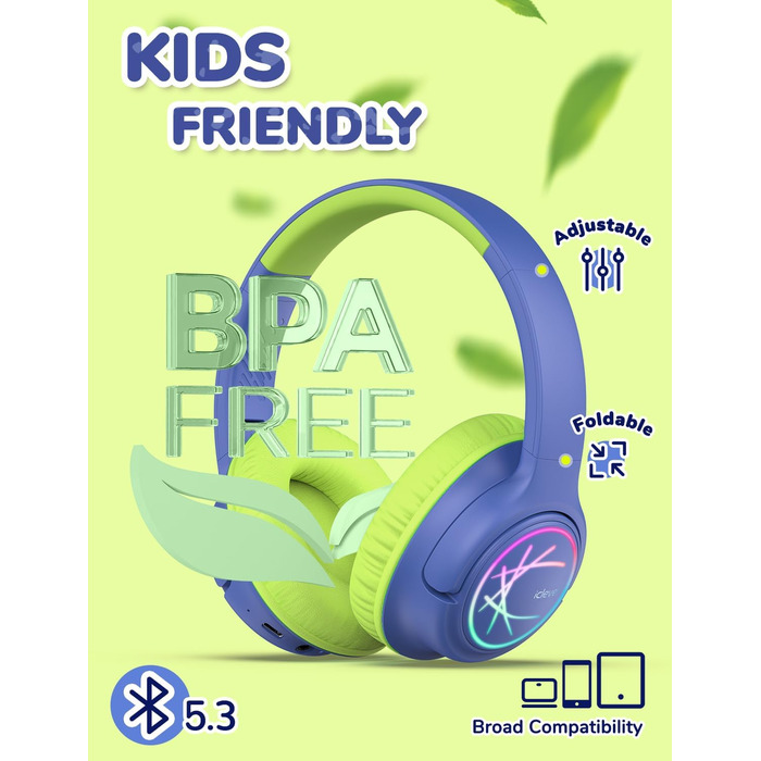 iClever Бездротові навушники для дітей з LED-підсвіткою, обмеження гучності 74/85 дБ, 43 години роботи, стерео звук, Type-C, AUX-кабель, Bluetooth 5.3, для планшетів/подорожей (зелено-блакитний)