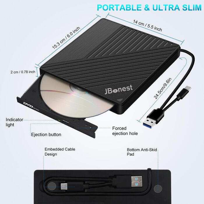 Зовнішній CD/DVD привід USB 3.0 Type-C з картридером SD/TF, портативний RW-записувач для ноутбука, ПК, MacBook (Windows, macOS, Linux) — Чорний