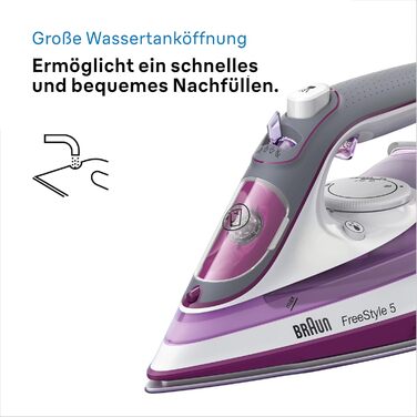 Праска з живленням від пари Braun FreeStyle 5 SI 5037 VI - потужний відпарювач з підошвою Freeglide 3D, вертикальним відпарюванням, 2700 Вт, 200 г/хв, резервуар 330 мл, фіолетовий