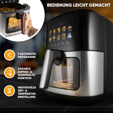 Аерофритюрниця ProfiCook 6,5 л, без олії, 9 програм, 1700 Вт, сенсорний дисплей, нержавіюча сталь, XXL, модель 2024