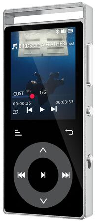 MP3 плеєр 90GB з Bluetooth 5.3 та HiFi звуком, сенсорним керуванням, кольоровим дисплеєм та FM-радіо, металевий корпус, підтримка карт пам'яті до 128GB, чорний/сріблястий
