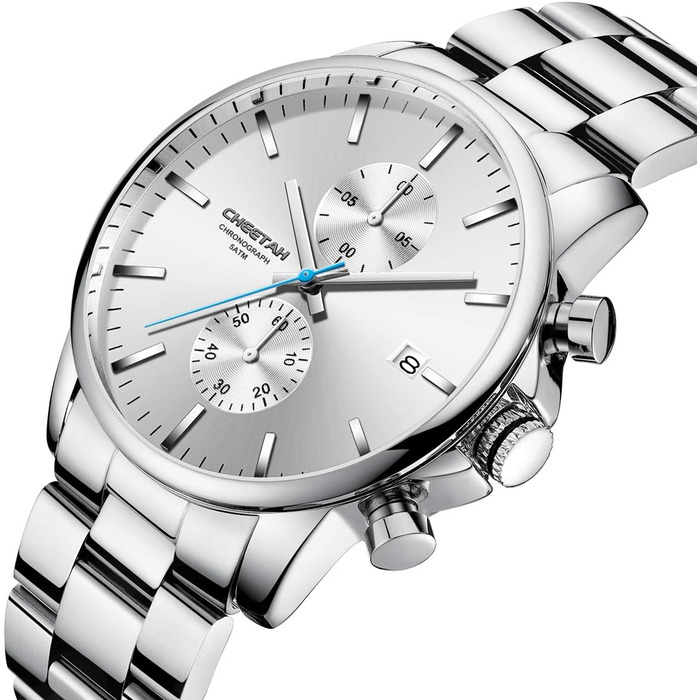 Чоловічий годинник-хронограф з нержавіючої сталі та металу, водонепроникний, кварцовий, з авто-датою та яскравими стрілками (білий)