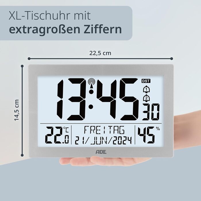 Digital Radio Clock with Large XL Display | Calendar | with Temperature Display & Hygrometer | Wall Clock | Radio Alarm Clock with 2 Alarm Times and Snooze Function | Silver