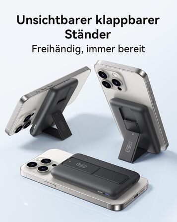 Power Bank INIU 5500mAh 20W з USB-C (вхід/вихід), магнітний акумулятор з підставкою для iPhone 16/15/14/13/12 Pro Max Mini, чорний
