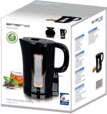 Електричний чайник Emerio WK-125130, 1.7 л, 2200 Вт, з нержавіючої сталі, без BPA, чорний/золотий