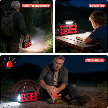 Радіо FIVAVA на сонячних батареях з ручним генератором, Powerbank 10000mAh, AM/FM, SOS-сигнал, LED-ліхтарик для кемпінгу та надзвичайних ситуацій (Червоний)