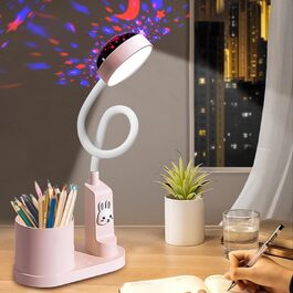 Дитяча LED лампа на стіл Kinder з тримачем для олівців, регульована, з проекцією зірок, 360° повертання, для дитячої кімнати (рожева)