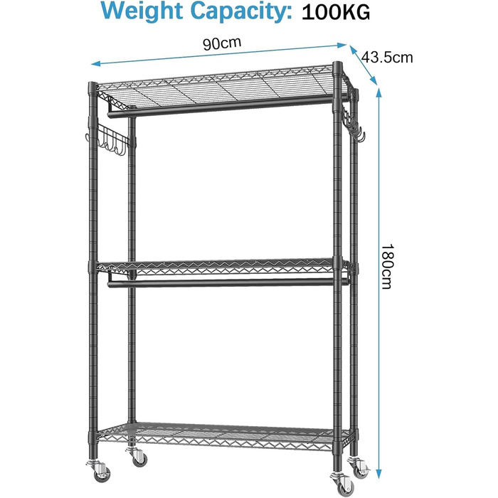 Clothes rack, clothes rod, rolling clothes rack, rolling clothes rod, sturdy clothes rack, clothes rack with wheels 90x43.5x180cm, load capacity 100kg