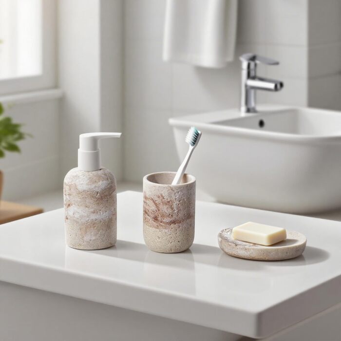 Набір для ванної кімнати 3 шт: дозатор для мила, мильниця та тримач для зубних щіток, білий, з високоякісного харчу, від виробника DREI