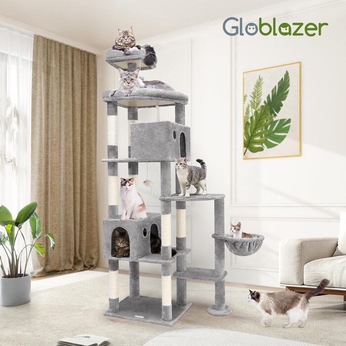 Драбина-будинок для котів Globlazer XXL (213 см), сірий, з 2 будиночками, великою платформою, м'якими стійками, кошиком, для великих котів (Maine Coon)