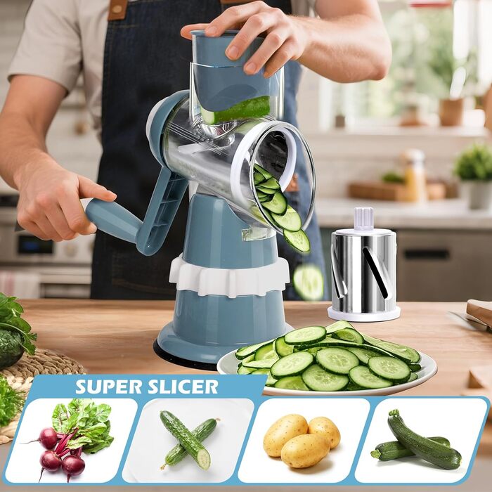 Ручна тертка для овочів 3-в-1 з нержавіючої сталі, терка для сиру з ручкою та 3 змінні леза, терка для салатів, горіхів, фруктів, піци. Колір: зелений