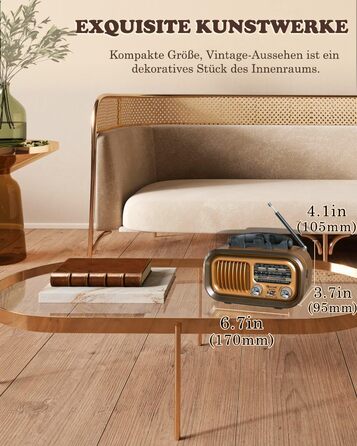 Ретро Радіо Klein з Bluetooth: портативне AM/FM/SW радіо з сонячною панеллю, USB/TF-карта, 1200mAh, золотий колір