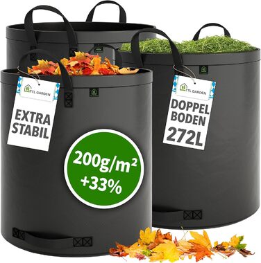 TTL Garden Набір садових мішків 3x272 л, супер міцні, сіра тканина, подвійне дно, 2x200 г/м², самостійно стоять, 4 ручки, для трави, листя, гілок та садового сміття