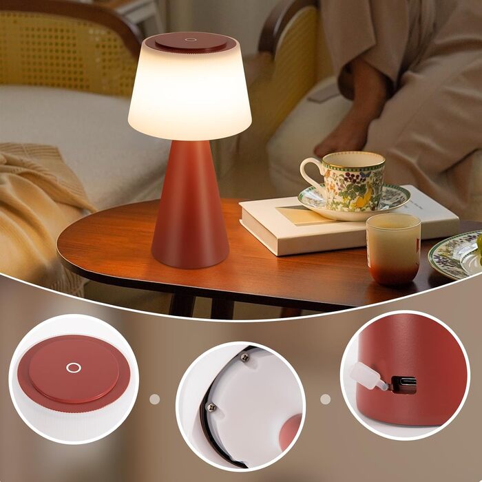Настільна лампа акумуляторна LED червона 2 шт - бездротова, сенсорна, з USB зарядкою для спальні, вітальні, вулиці