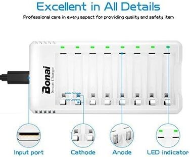 Зарядний пристрій BONAI для акумуляторів AA/AAA NI-MH з LED-дисплеєм та USB-зарядкою, 8 слотів