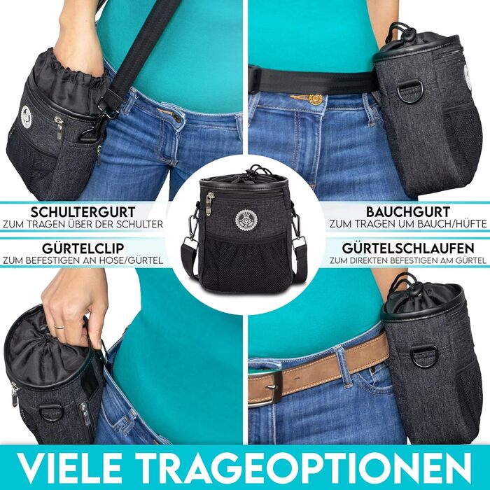 Преміум сумка для ласощів для собак HUND IST KÖNIG - універсальна, містка, з дозатором для відходів та Ebook для дресирування (Чорний, 16 x 18 x 6 см)