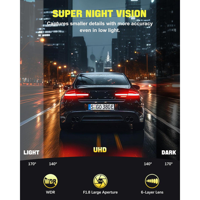 Відеореєстратор AQV Dashcam Auto Vorne und Hinten 4K з WiFi, 64GB SD, G-сенсор, Super Night Vision, 170°+140° Кут огляду, Black-D18