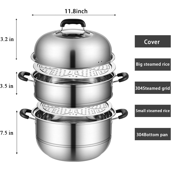 Пароварка MANO з нержавіючої сталі, 30 см, 2-ярусна, з кришкою для приготування овочів, м'ясних страв, супів та соусів