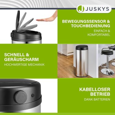 Відро для сміття Juskys з датчиком руху, 30 л, нержавіюча сталь, з кришкою-кліпсою для пакетів, безконтактне відкриття