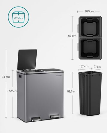 Відро для сміття SONGMICS подвійне, 2x30л, педальне, з системою роздільного збору, металеве, сіро-графітове (LTB60BK)
