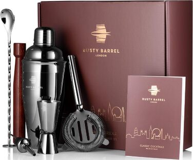 Rusty Barrel Knightsbridge Cocktail Set – Black Stainless Steel Shaker, Wooden Muddler, Bar Strainer, Jigger, Pourer, Coasters, Spoon & Recipe Booklet | Cocktail Accessories in a Luxurious Gift Box