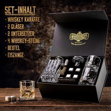 Whiskey Carafe Set - Whiskey Gift Set - Gifts for Men - Men's Gifts Gift - Birthday Gift for Men - Classic Decanter 700ML, 2 Whiskey Glasses, 4 Whiskey Stones