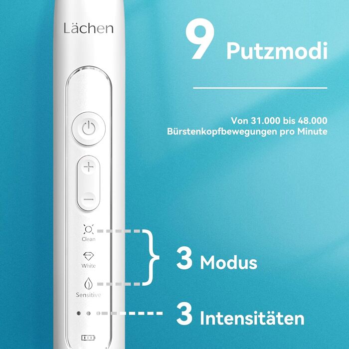 Електрична звукова зубна щітка Lächen Sonic RM-T8B з 4 насадками, таймером, 3 режимами та 3 рівнями вібрації, білий