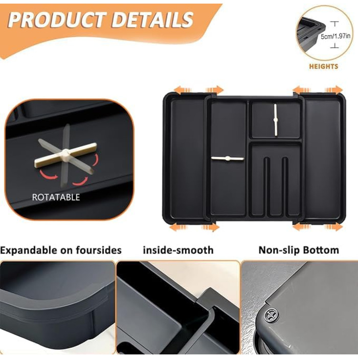 Органайзер для столових приборів ZHUlYIWIN в шухляду, розсувний, з тримачами для ножів, чорний