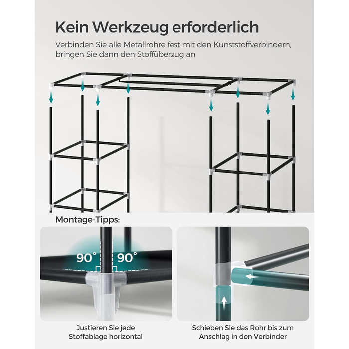 SONGMICS Wardrobe, Fabric Clothes Closet, with Clothes Rail and Shelves, Fabric Cover, for Bedroom, Dressing Room, 150 x 45 x 175 cm, Black LSF03H
