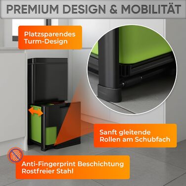 Сміттєвий бак Allyson® Sensor 30л з сенсором для кухні, нержавіюча сталь, автоматичний, з кришкою Soft-Close, герметичний, для роздільного збору сміття (чорний)