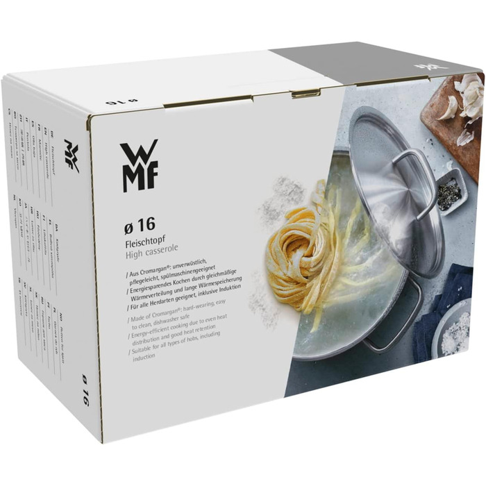 Набір каструль WMF Comfort Line для індукційних плит з кришкою з термоскла, Cromargan нержавіюча сталь, з мірною шкалою, з можливістю штабелювання, без антипригарного покриття. Включає каструлю для м'яса 16 см