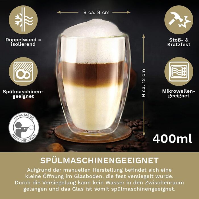 Creano Double-Walled XXL Insulated Glass 400ml, Extra Large Heat-Resistant Coffee/Tea/Latte Macchiato Glass Made of Borosilicate Glass, Set of 4