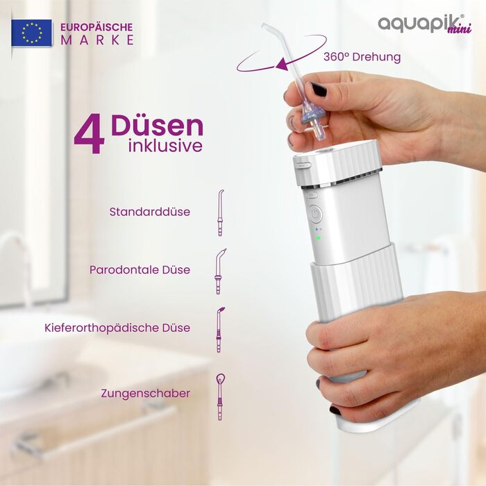 Портативна бездротова іригатор Aquapik® Mini | Іригатор для імплантів та брекетів | Бездротовий, водонепроникний IPX7, 1200 імпульсів/хв, 21 день роботи від акумулятора, 4 насадки (білий)