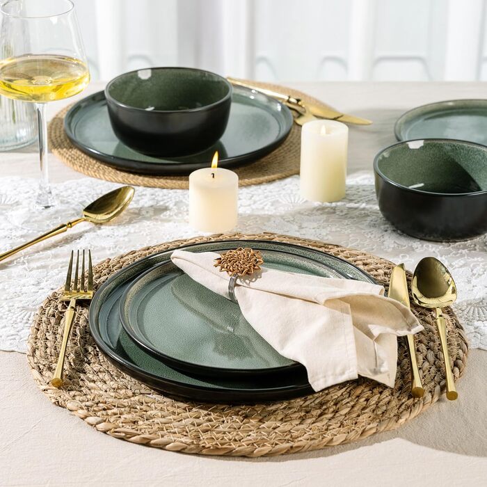 Набір керамічного посуду AmorArc (24 шт.) для 8 осіб: тарілки та миски, реактивна глазур, стійкий до сколів та тріщин, придатний для миття в посудомийній машині та використання в мікрохвильовій печі. Сервіз для 8 осіб (24-teilig), колір: матовий чорний не