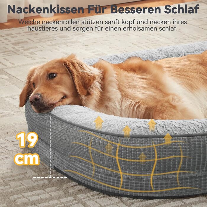 Ортопедичне ліжко для собак Pawk, середні та великі породи, з підтримкою шиї, з Memory Foam, водонепроникне, знімний чохол (Світло-сірий, XL-L 107 x 81 x 19 см)