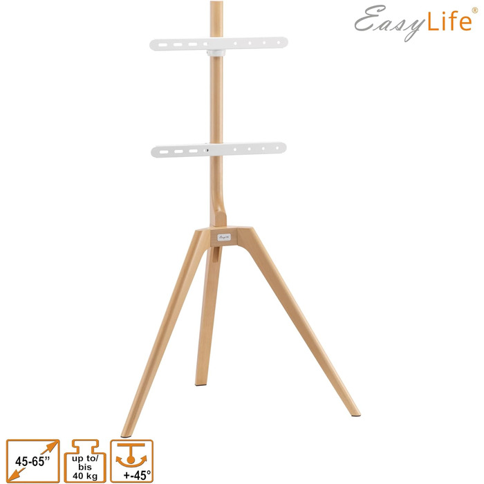 Стійка для телевізора EasyLife з дерева, трипод, для телевізорів/моніторів до 65 дюймів, 40 кг, поворотна, регульована по висоті, з кабелеуправлінням, VESA до 400x400 (Чорний/Бук)