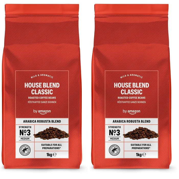 Кава в зернах Amazon House Blend, середній обсмаження, 100% Арабіка, 2 кг (2 упаковки по 1 кг)