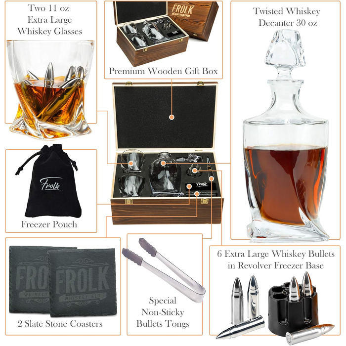 Набір для віскі: келих, шматочки льоду з нержавіючої сталі, декатер, підставки, пінцет, подарункова коробка