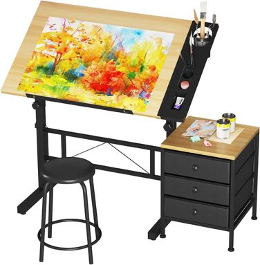Adjustable Drafting Table with Tilt - 0-60° - Includes Stool & Storage - Wood Finish for Home & Office