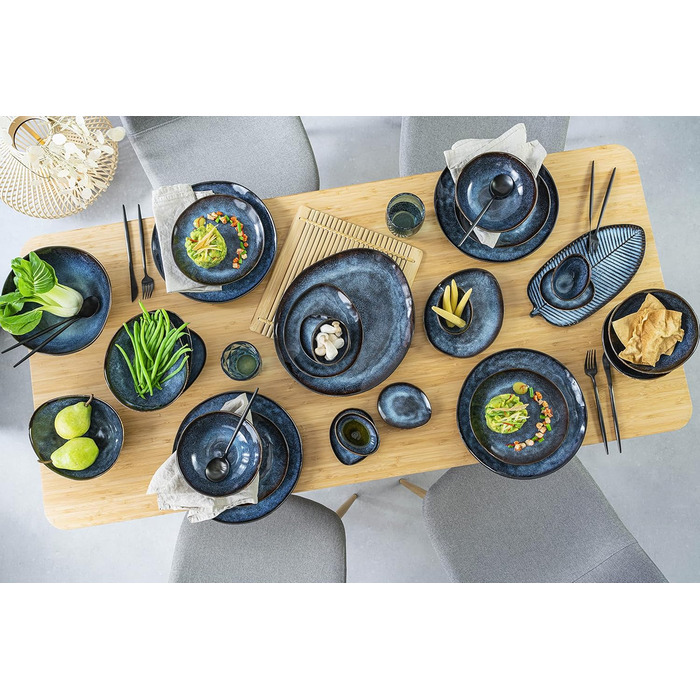 Singer | Teller Set Tokio 12-Piece Set, Stoneware Dinnerware Set for 4 People, Tableware Service including Dinner Plates, Cake Plates & Bowl Set, Dark Blue Dinner Service with Black Accents | PREMIUM COLLECTION 12-Piece Tableware Set
