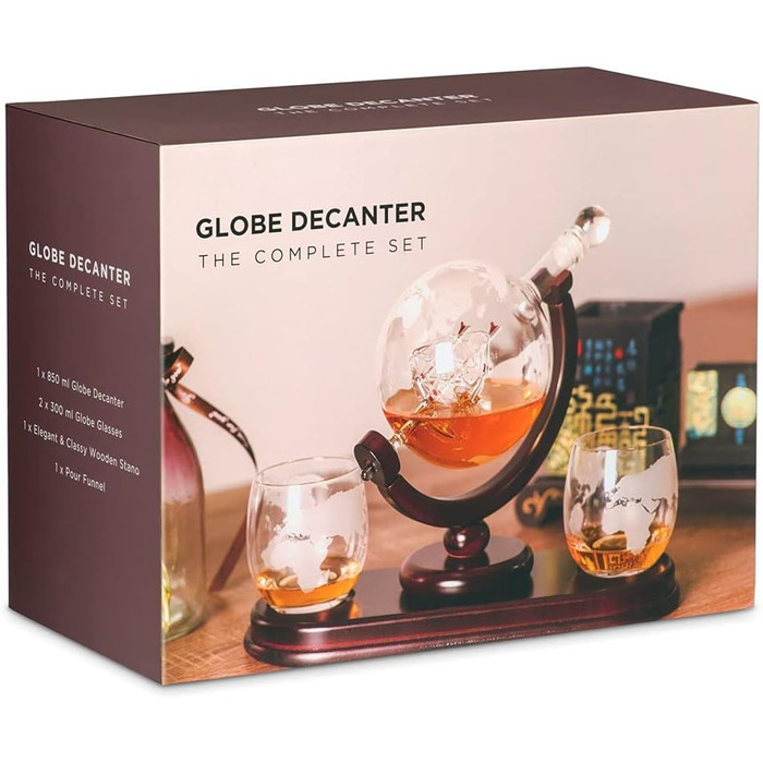 Maverton Whisky Decanter with Engraving - Globe with Ship, 850 ml - 2 Whisky Glasses Set - Whisky Decanter - Christmas Gifts - Personalized Birthday Gift for Men - Engraving