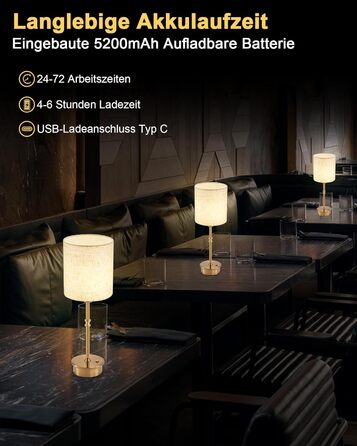 Нічна лампа OCEST на акумуляторі, сенсорне керування, регулювання яскравості, декоративне освітлення для дому, кухні, тераси, обіднього столу. Тканинний абажур кольору античне латунь, висота 41,5 см